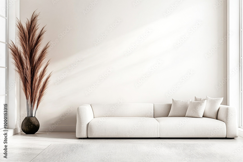 Stylish modern living room featuring a white sofa and tall decorative plant beside a light wall in a bright, airy space Stylish modern living room featuring a white sofa and tall decorative plant beside a light wall in a bright, airy space