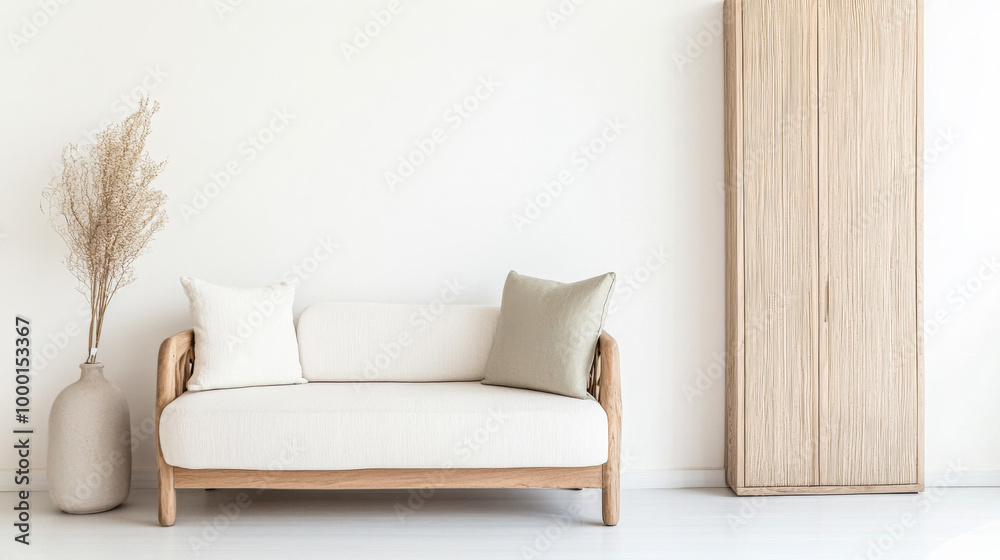 Naklejka premium Stylish modern living room featuring a light sofa, decorative pillows, and minimalistic furniture in a bright, airy space