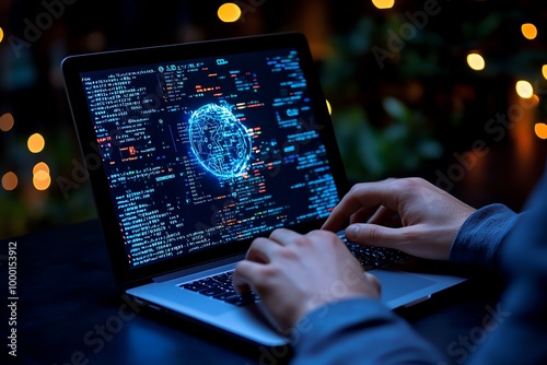 Hacker navigating the dark web, with a laptop showing hidden marketplaces, encrypted messaging, and layers of deep web code, creating a shadowy digital underworld