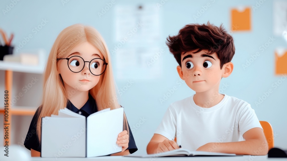 Animated depiction of a young girl with glasses and a young boy with dark hair engaging in a study session. they sit at a desk with books and papers in a classroom environment, conveying a sense of Animated depiction of a young girl with glasses and a young boy with dark hair engaging in a study session. they sit at a desk with books and papers in a classroom environment, conveying a sense of
