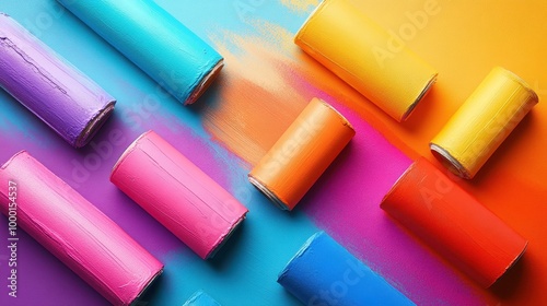 Vibrant paint rollers arranged artistically on a colorful background, showcasing a spectrum of vivid hues and creative potential.