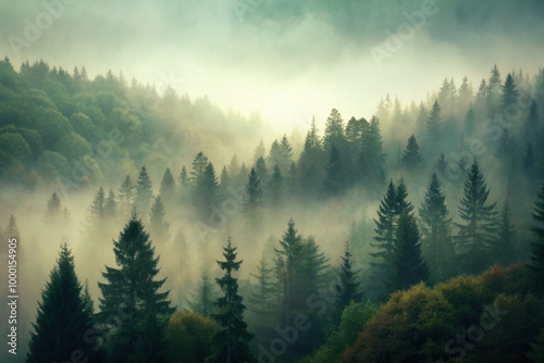 Misty morning in a tranquil forest showcasing layers of towering trees and soft light emerging through dense fog. Generative AI