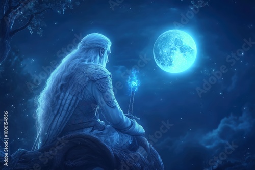 Enigmatic Elder Under the Blue Moon: A serene, fantasy art depicting a wise elder with flowing white hair, seated under a luminous blue moon, holding an glowing staff. The scene evokes mystery.