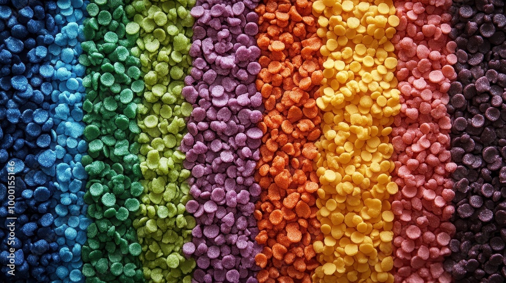 A vibrant array of colored pebbles arranged in stripes, showcasing a rich palette perfect for decorative or artistic projects. A vibrant array of colored pebbles arranged in stripes, showcasing a rich palette perfect for decorative or artistic projects.
