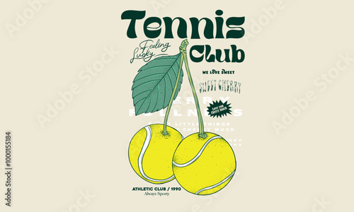 Tennis college league. Vintage artwork for sportswear. Cherry fruit. Sport logo. Sunday tennis club vector t-shirt design. Tennis league graphic print design. College font racket tournament.