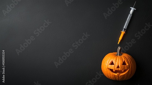 Halloween pumpkin with a syringe against a black background. photo