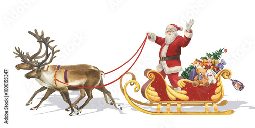 Watercolor Santa Claus on two reindeer with gifts