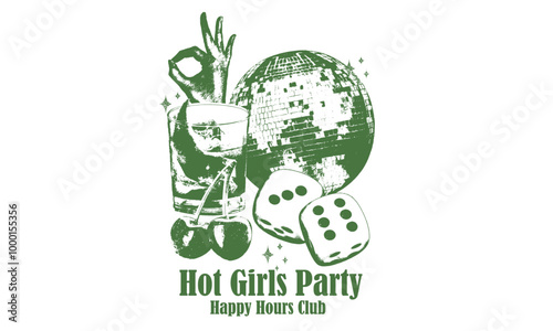 Hot girl party night. Mirror love. Self love club t shirt design. Disco party ball, dice, cherry, drink glass graphic print design poster.