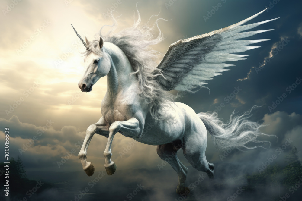 A beautiful white unicorn with majestic wings is soaring high in the sky A beautiful white unicorn with majestic wings is soaring high in the sky