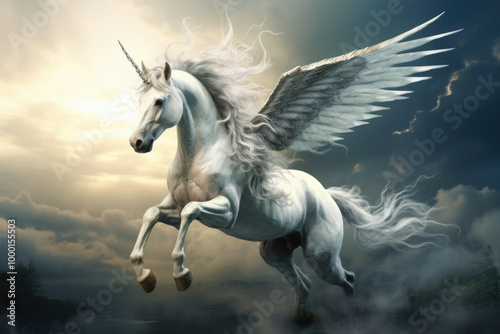 A beautiful white unicorn with majestic wings is soaring high in the sky