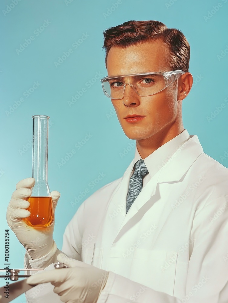 A dedicated chemist in a lab coat and safety goggles holds a flask filled with a yellow liquid, symbolizing scientific exploration, precision, discovery, innovation, and progress. A dedicated chemist in a lab coat and safety goggles holds a flask filled with a yellow liquid, symbolizing scientific exploration, precision, discovery, innovation, and progress.