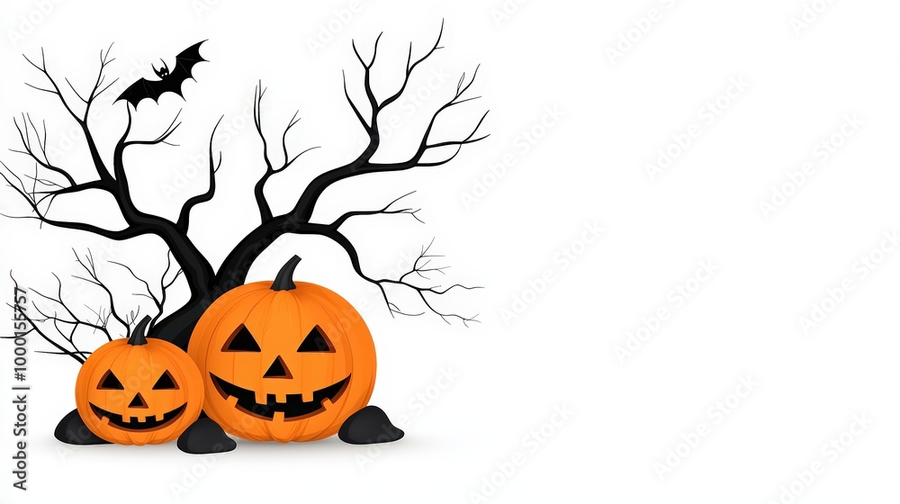 Halloween pumpkins with a bat and bare tree, isolated on a white background. Halloween pumpkins with a bat and bare tree, isolated on a white background.