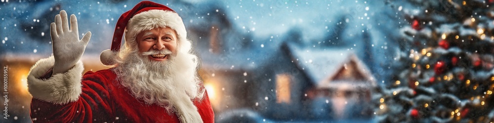A smiling santa standing in the snow with a tree behind him. Scene is cheerful and festive A smiling santa standing in the snow with a tree behind him. Scene is cheerful and festive