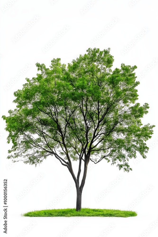 A tree with green leaves is standing alone on a white background. The tree is the main focus of the image, and it is a healthy and vibrant tree A tree with green leaves is standing alone on a white background. The tree is the main focus of the image, and it is a healthy and vibrant tree