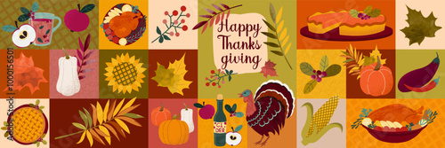 Happy Thanksgiving. Festive banner with geometric ornaments with harvest symbols and traditional dishes.