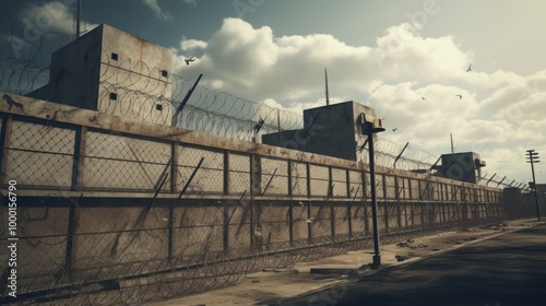 Prison wall with barbed wire and surveillance tower. Neural network ai generated art photo
