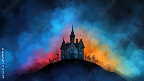 Haunting castle on a hill, surrounded by colorful misty atmosphere, dark sky.