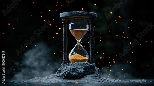 Hourglass symbolic of time flowing against a dark, smoky backdrop. photo