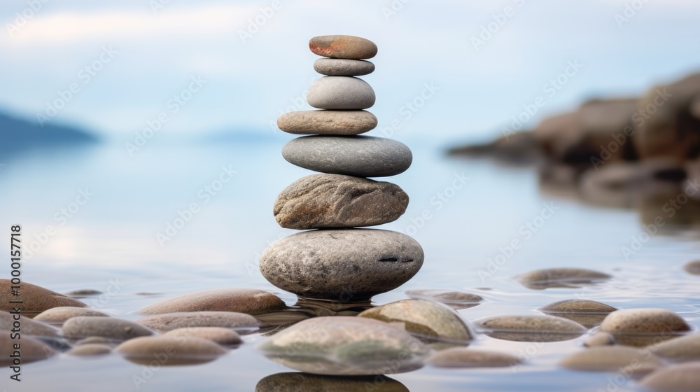 Balance pebble stone in the sand beach at sunset. Neural network ai generated art Balance pebble stone in the sand beach at sunset. Neural network ai generated art
