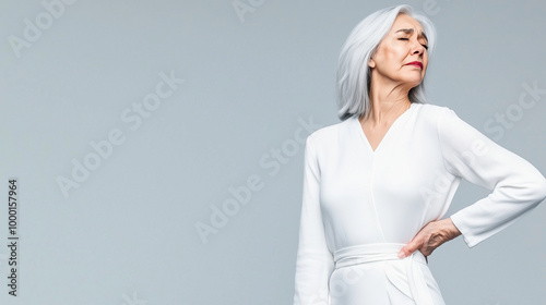 A senior woman in a flowing white outfit, wincing as she supports her aching back, symbolizing the toll of spine pain on the elderly, against a minimal background with space for te