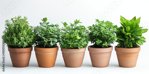 Five different herb plants in terra cotta pots, arranged in a neat row against a plain white background. the vibrant green foliage of each plant adds a touch of freshness and natural beauty to the