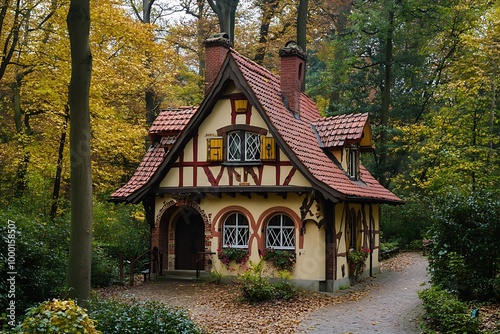 A charming, colorful cottage surrounded by autumn foliage in a serene forest setting.