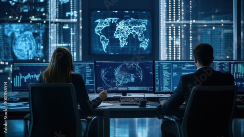 Cybersecurity team analyzing potential threats in a high-tech command center