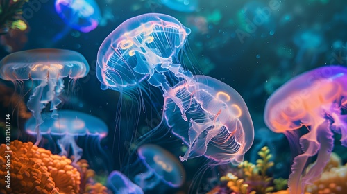 Closeup of jellyfish with orange coral in the background.