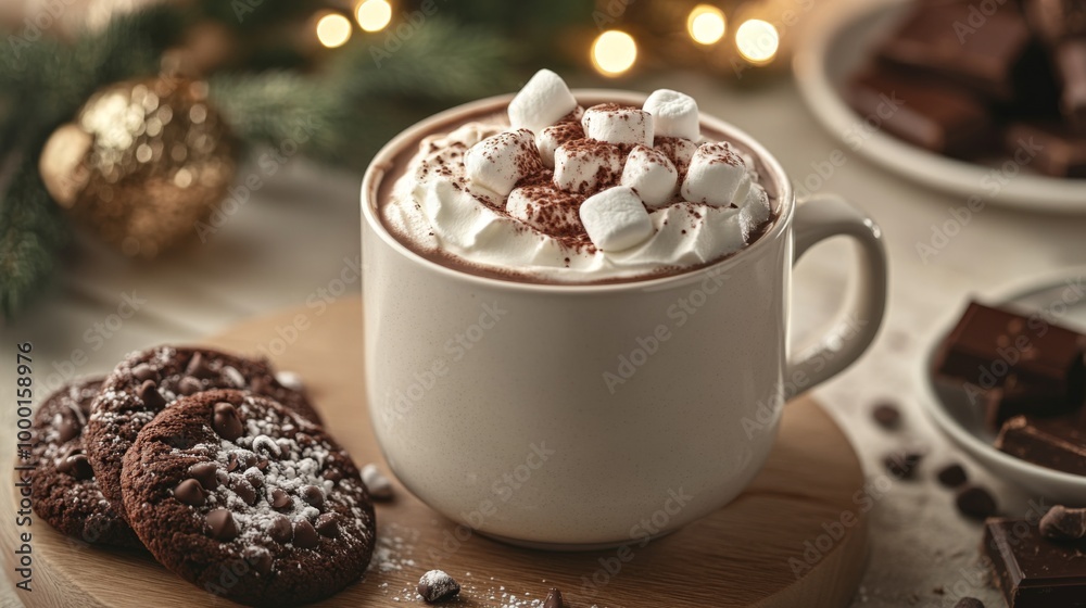 A cozy setup featuring a steaming cup of hot chocolate topped with whipped cream, marshmallows, and a sprinkle of cocoa, alongside a plate of chocolate cookies.