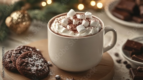 A cozy setup featuring a steaming cup of hot chocolate topped with whipped cream, marshmallows, and a sprinkle of cocoa, alongside a plate of chocolate cookies.