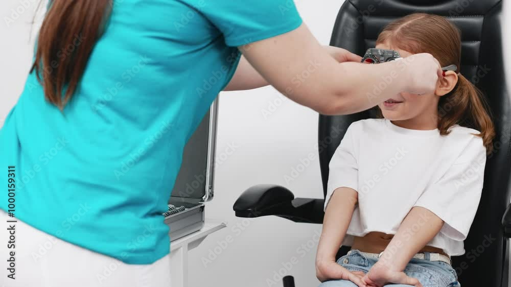 A doctor diagnosing a little girl’s vision and selecting lenses using a modern medical device. Perfect for illustrating diagnostics and vision correction. A doctor diagnosing a little girl’s vision and selecting lenses using a modern medical device. Perfect for illustrating diagnostics and vision correction.