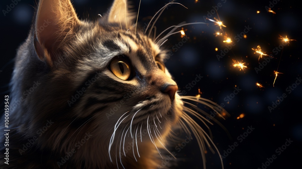 Cat muzzle in cosmic atmosphere in dark colors with stars. Neural network ai generated art Cat muzzle in cosmic atmosphere in dark colors with stars. Neural network ai generated art