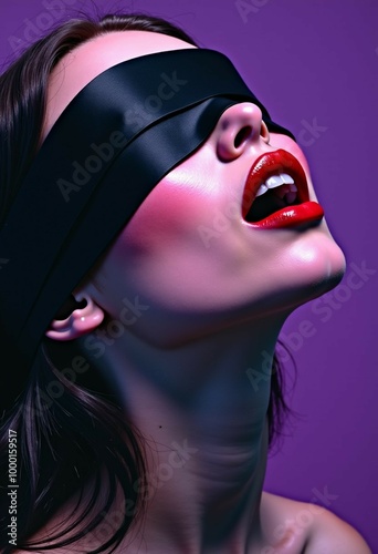 A captivating cinematic illustration features a woman with a black blindfold, partially covering her face. Her tilted head and open mouth exude an intense, seductive exposure. Her vibrant red lips con