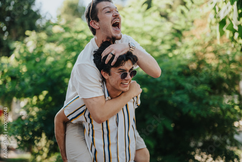 Two young men having fun with a piggyback ride in a lush green park. They are laughing and enjoying a sunny day outdoors with nature surrounding them.