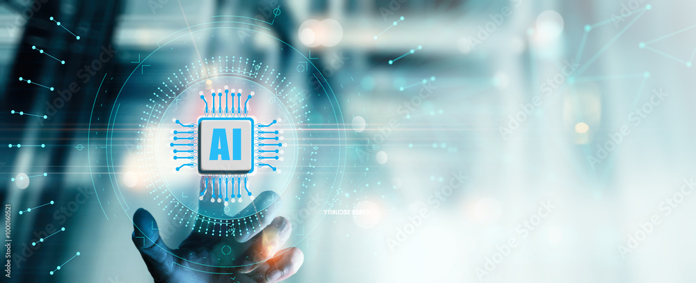 A futuristic digital concept image showing a hand reaching out towards an AI microchip symbol. abstract connections and a technological interface,