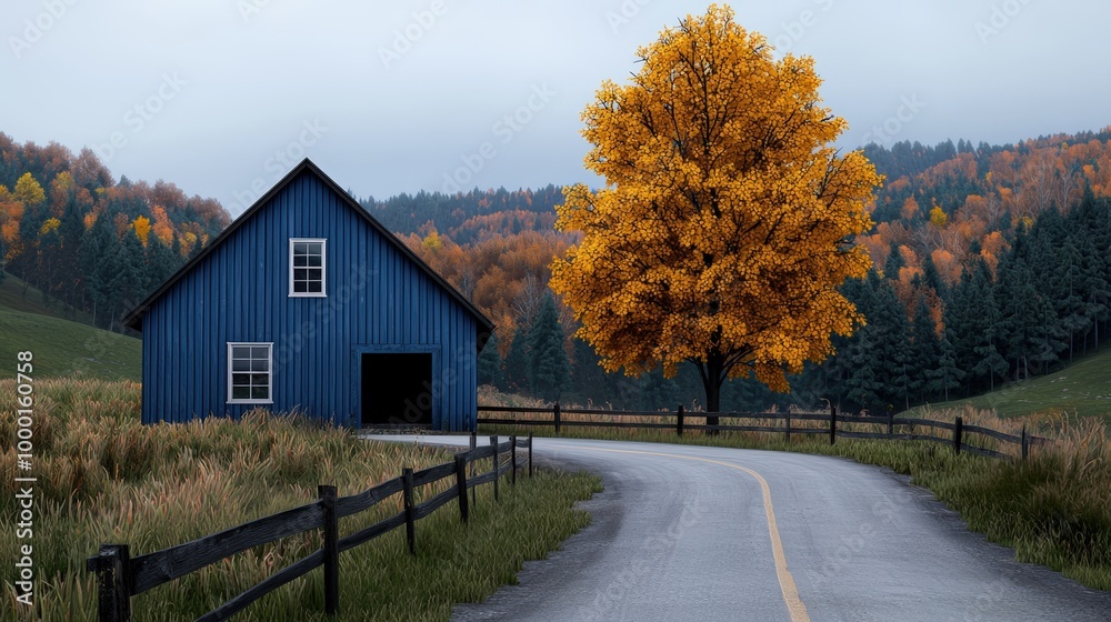 Scenic view of a blue barn, vibrant autumn tree, and winding road. Scenic view of a blue barn, vibrant autumn tree, and winding road.