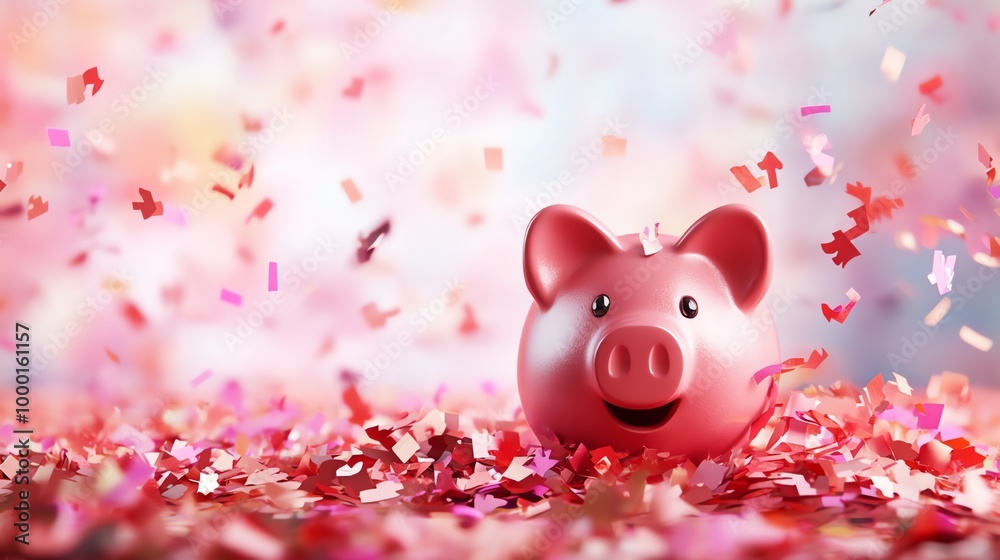 A cheerful piggy bank surrounded by colorful confetti, symbolizing savings and celebration in a vibrant atmosphere. A cheerful piggy bank surrounded by colorful confetti, symbolizing savings and celebration in a vibrant atmosphere.