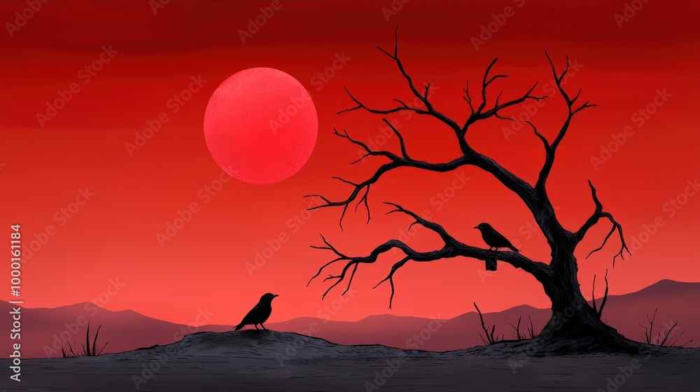 Silhouette of a raven and a tree against a dramatic red sunset. Silhouette of a raven and a tree against a dramatic red sunset.