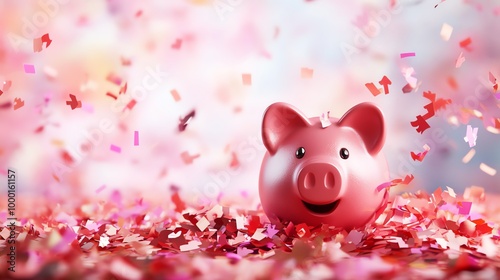 A cheerful piggy bank surrounded by colorful confetti, symbolizing savings and celebration in a vibrant atmosphere.