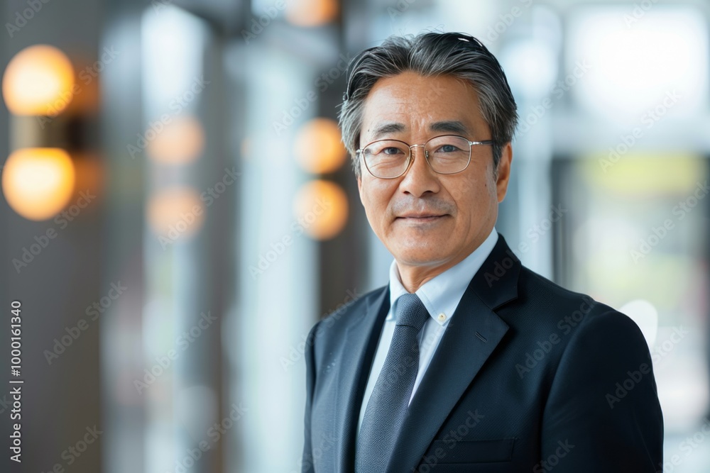 Business mature East Asian businessman office meeting portrait corporate manager. , background blur Business mature East Asian businessman office meeting portrait corporate manager. , background blur