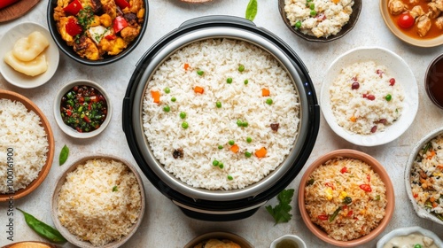 A creative flat lay of a rice cooker with a variety of cooked rice dishes arranged around it, including rice pilaf, fried rice, and rice pudding.