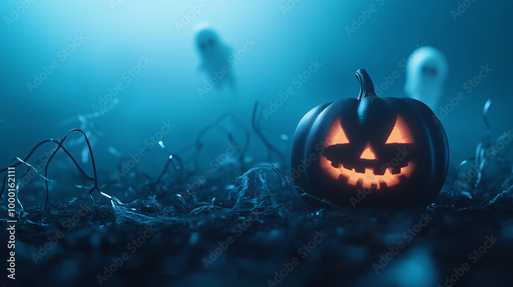 Naklejka premium A carved pumpkin lantern emitting a soft glow, resting against a bold blue background with faint ghostly figures and party streamers floating nearby, providing lots of copy space f