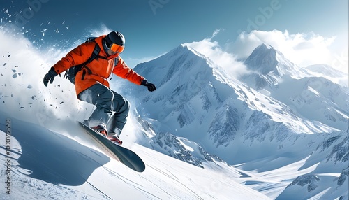 Stunning Snowboard Portrait Against Majestic White Mountain Backdrop in High Detail