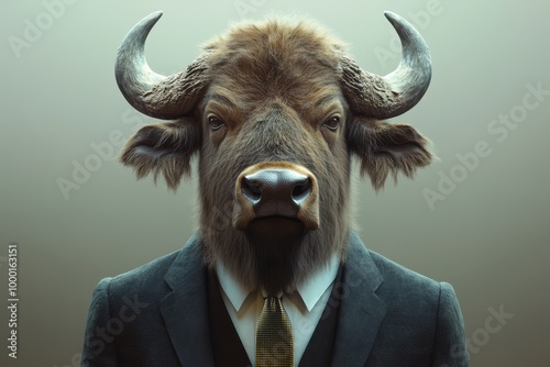 A surreal image of a bull dressed in a business suit, blending nature and professionalism in a striking visual concept.