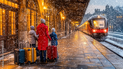 Family with suitcases at old train station on winter night, vintage train travel scene