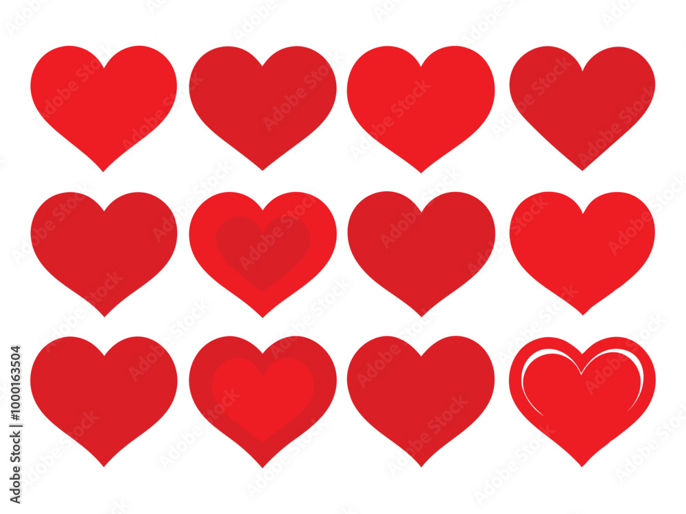 Set of Red Heart Flat Cartoon Icons. Romantic Abstract Symbols in Various Shapes for Valentine's Day. Love Banner Template Decorative Elements for Weddings.