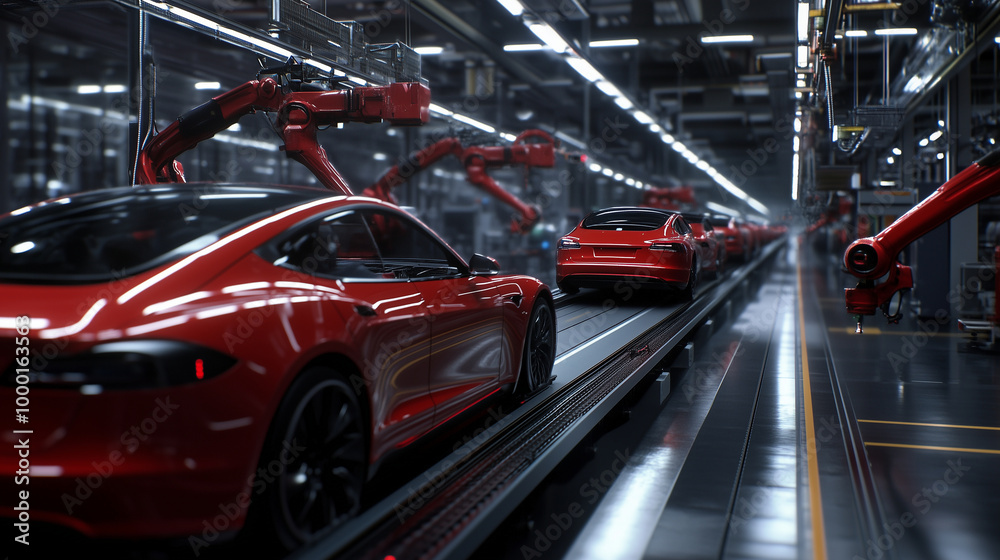 A busy factory scene with a conveyor belt carrying freshly painted cars through a mass production line, where robotic arms expertly fit doors, hoods, and windshields in place.