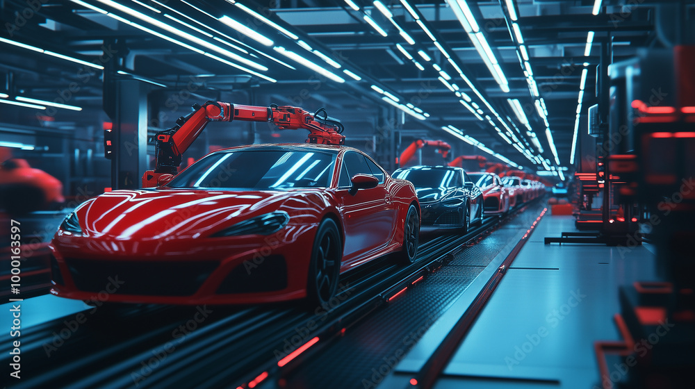 A busy factory scene with a conveyor belt carrying freshly painted cars through a mass production line, where robotic arms expertly fit doors, hoods, and windshields in place. A busy factory scene with a conveyor belt carrying freshly painted cars through a mass production line, where robotic arms expertly fit doors, hoods, and windshields in place.