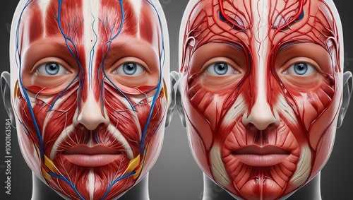 Scientific visualization of the human face, featuring exposed musculature and vascular networks beneath a transparent skin surface, anatomy and the interrelationship between facial structures photo