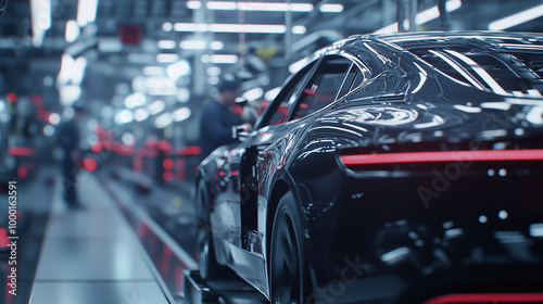 A close-up shot of a modern carâs chassis moving along a production line, robotic arms swiftly attaching components, while workers inspect for quality control.